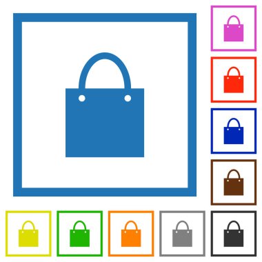 Alışveriş torbası beyaz arkaplanda kare çerçeveli düz renk simgeleri