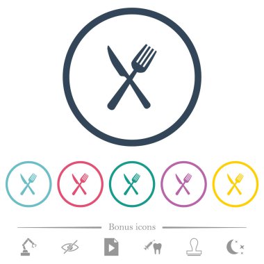 Çatal ve bıçak çapraz konumda düz renk simgeleri yuvarlak hatlarda. 6 bonus simgesi dahil.