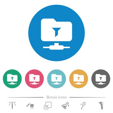 Yuvarlak renk arkaplanındaki FTP uzak dizin düz beyaz simgelerini filtrele. 6 bonus simgesi dahil.