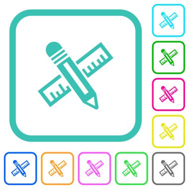 Beyaz arkaplan üzerinde eğimli sınırlarda kalem ve cetvel renkli düz simgeler