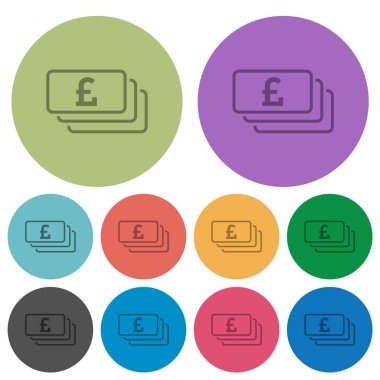 English Pound banknotes outline darker flat icons on color round background