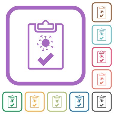 Covid test passed outline simple icons in color rounded square frames on white background