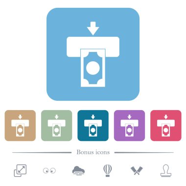 ATM white flat icons on color rounded square backgrounds. 6 bonus icons included