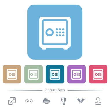 Strong box with key code white flat icons on color rounded square backgrounds. 6 bonus icons included