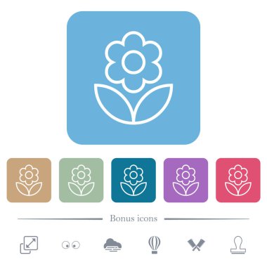 Single flower outline white flat icons on color rounded square backgrounds. 6 bonus icons included