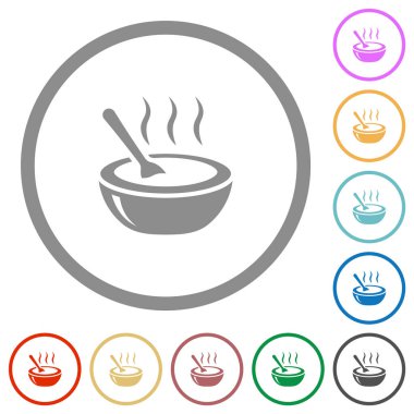 Glossy steaming bowl of soup with spoon flat color icons in round outlines on white background