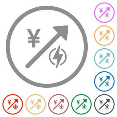 Rising electricity energy japanese Yen prices flat color icons in round outlines on white background