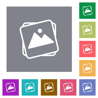 Stack of photos flat icons on simple color square backgrounds