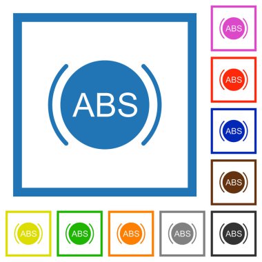 Car anti lock braking system indicator flat color icons in square frames on white background