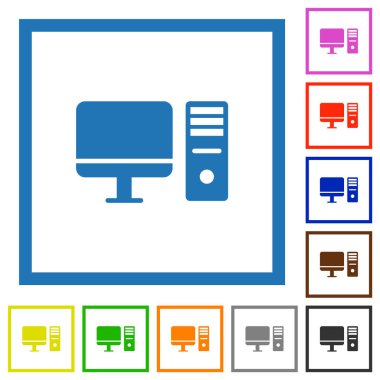 Desktop computer workstation flat color icons in square frames on white background