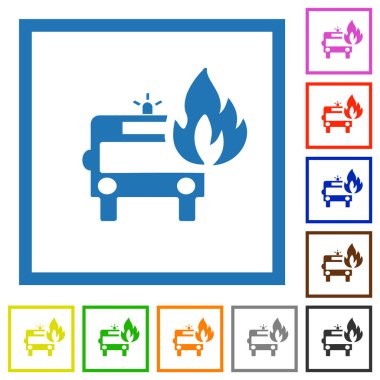 Fire engine with flame flat color icons in square frames on white background
