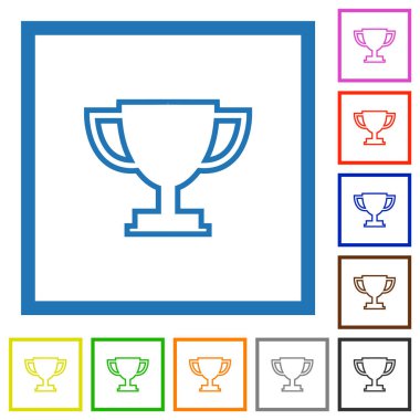 Trophy cup outline flat color icons in square frames on white background
