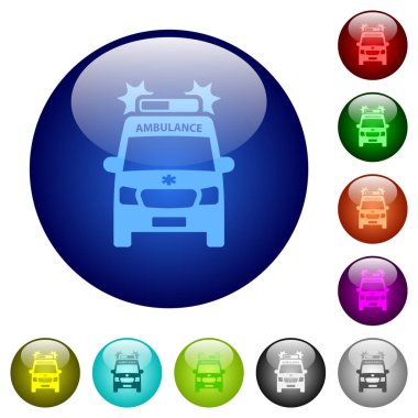 Flashing ambulance car front view icons on round glass buttons in multiple colors. Arranged layer structure