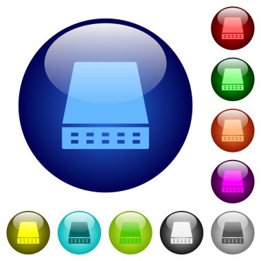 Computer data storage solid icons on round glass buttons in multiple colors. Arranged layer structure