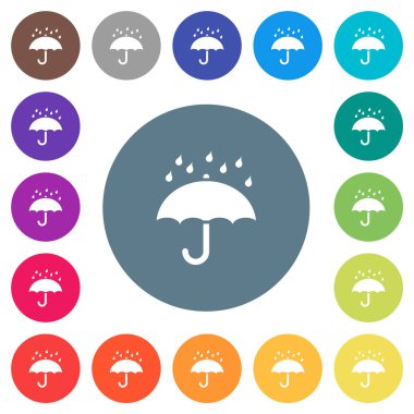 Yuvarlak renkli arka planda düz beyaz simgelere sahip bir şemsiye. 17 arkaplan renk varyasyonu dahil.