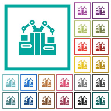 Fabrika üretim hattı düz renk simgeleri beyaz arkaplanda çeyrek çerçeve ile