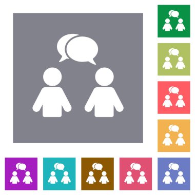 Oval baloncuklu iki konuşan kişi basit renk kare arkaplan üzerinde katı düz simgeler