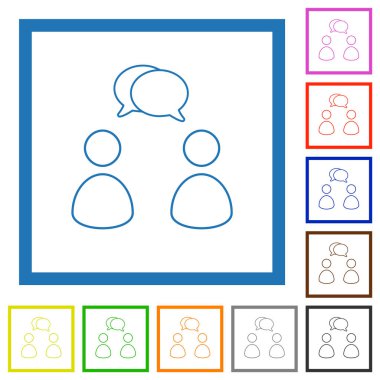 Oval baloncuklu iki kişi beyaz arkaplanda kare çerçeveli düz renk simgeleri çiziyor