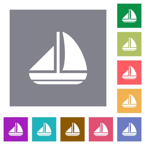 Sailing boat solid flat icons on simple color square backgrounds