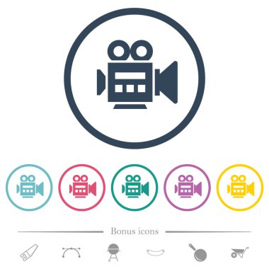 Video kamera kenar görünümü düz renk simgeleri yuvarlak hatlarda. 6 bonus simgesi dahil.