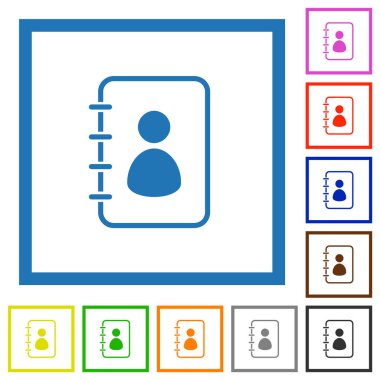 Beyaz arkaplan üzerindeki kare çerçevelerde düz renk simgelerini değiştiren spiral kişi kitabı