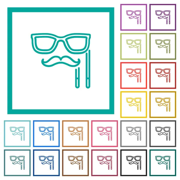 Man Masquerade Mask Stick Outline Flat Color Icons Quadrant Frames — Stock Vector