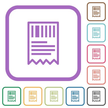 Beyaz arkaplanda renkli yuvarlak kare çerçeveli basit simgelerle barkod anahatlı bir makbuz
