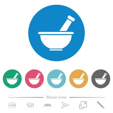 Havan ve tokmak düz beyaz simgeler yuvarlak renk arka planda. 6 bonus simgesi dahil.