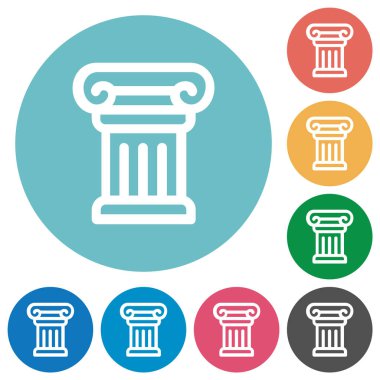 Antika sütun ana hatları yuvarlak renk arkaplan üzerindeki düz beyaz simgeler