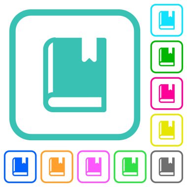 Beyaz arkaplan üzerinde eğri kenarlıklarda katı renkli düz simgelere sahip kitap