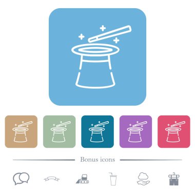 Sihirli şapka ve değnek, yuvarlak kare arkaplan üzerine beyaz düz simgeler çiziyor. 6 bonus simgesi dahil