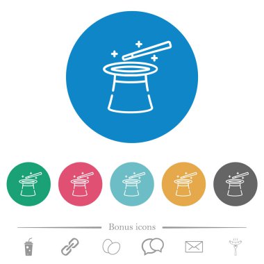 Sihirli şapka ve değnek yuvarlak renkli arka planlarda düz beyaz simgeler çiziyor. 6 bonus simgesi dahil.