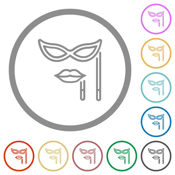 Woman Masquerade Mask Stick Outline Flat Color Icons Outlines White — Stock Vector