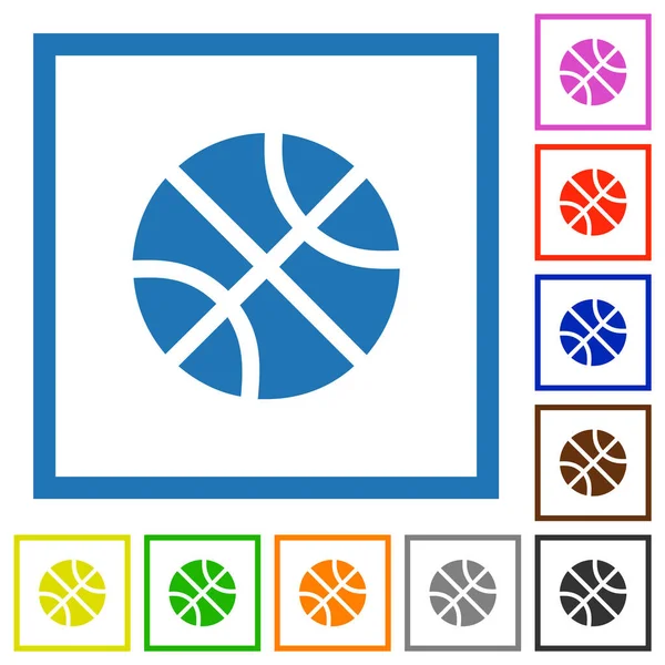 Koszykówka Stałe Płaskie Ikony Kolorów Kwadratowych Ramkach Białym Tle — Wektor stockowy
