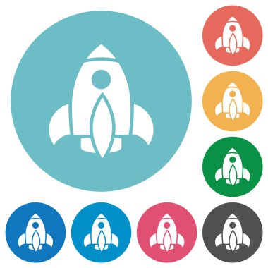 Yuvarlak renkli arkaplanlarda roket düz beyaz simgeler