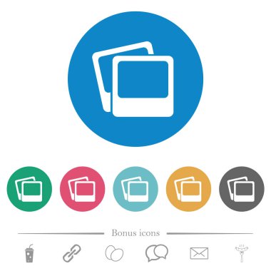 Poraroid fotoğraf çerçeveleri yuvarlak renkli arka planlarda düz beyaz simgeler. 6 bonus simgesi dahil.