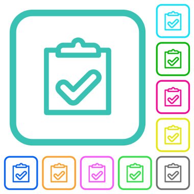 Beyaz arkaplan üzerindeki eğri kenarlıklarda kontrol listesi ana hatları canlı renkli düz simgeler