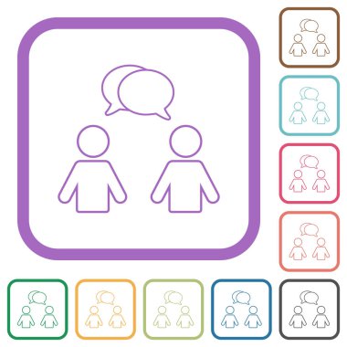 Oval baloncuklu iki kişi, beyaz arkaplanda renkli yuvarlak kare çerçeveli basit simgeleri özetliyor