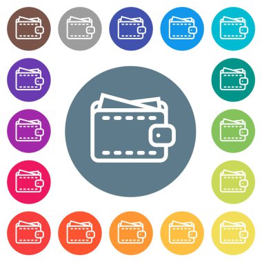 Deri cüzdan yuvarlak renkli arka planlarda düz beyaz simgeler çiziyor. 17 arkaplan renk varyasyonu dahil.