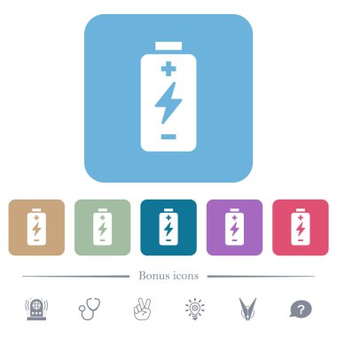 Battery with energy symbol white flat icons on color rounded square backgrounds. 6 bonus icons included
