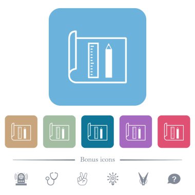 Renkli yuvarlak kare arkaplan üzerine beyaz düz simgeler çizme araçları. 6 bonus simgesi dahil
