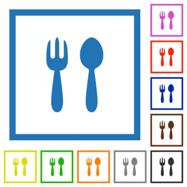 Çatal ve kaşık katı düz renk simgeleri beyaz arkaplanda kare çerçeveler halinde