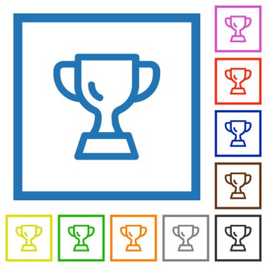 Trophy cup outline flat color icons in square frames on white background
