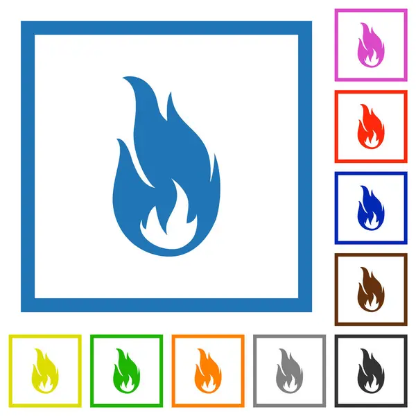 Fire Flame Flat Color Icons Square Frames White Background — Stock Vector