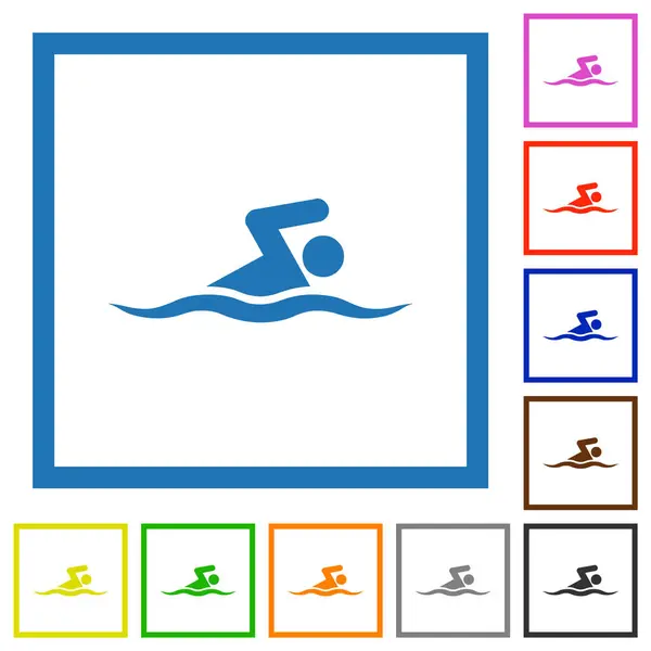 在白色背景上方形框架中游泳男子平颜色图标 免版税图库矢量图片