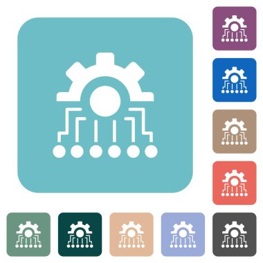 Renkli yuvarlak kare arkaplan üzerine mekanik beyaz düz simgeler