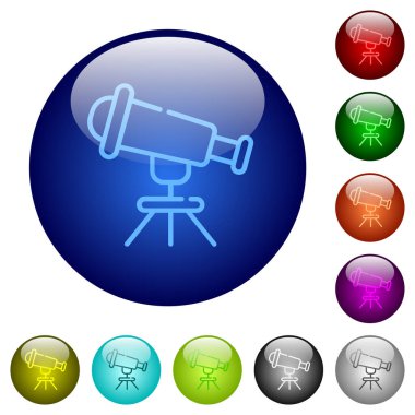 Telescope outline icons on round glass buttons in multiple colors. Arranged layer structure clipart