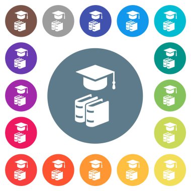 Mezuniyet şapkası. Düz beyaz simgeler ve yuvarlak renkli arka planlar. 17 arkaplan renk varyasyonu dahil.