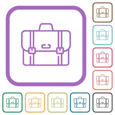 Evrak çantası, beyaz arkaplanda renkli yuvarlak kare çerçeveler halinde basit simgelerin ana hatlarını çizer