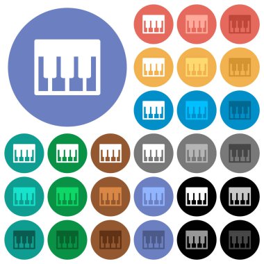 Piyano klavyesi. Arkaplanda çok renkli düz simgeler var. Uçma ve aktif durum efektleri için beyaz, açık ve koyu simge varyasyonları ve bonus gölgeler.